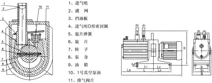 2XZ双级旋片式真空泵结构图及外形安装尺寸图